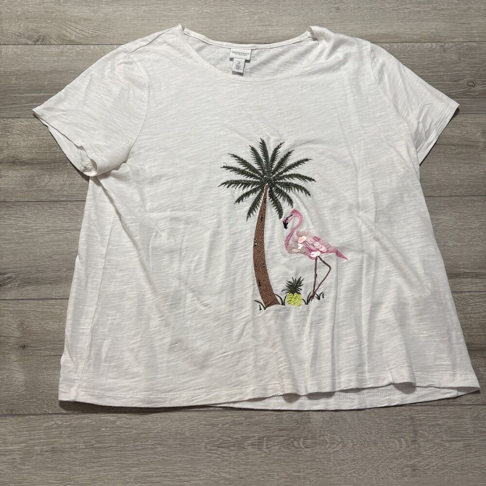 Chico’s Weekends Size 2 White Flamingo Palm Tree Sequin Embellished Top